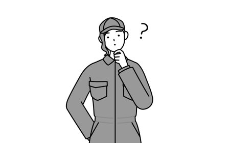 A mechanic woman in coveralls nodding her head in question, Vector Illustrationのイラスト素材