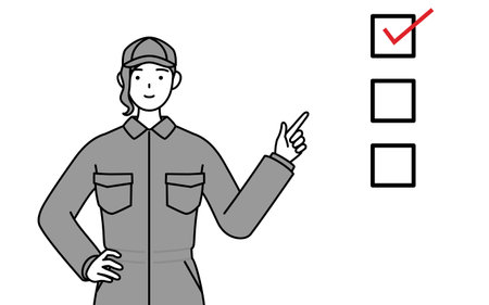 A mechanic woman in coveralls pointing to a checklist, Vector Illustrationのイラスト素材