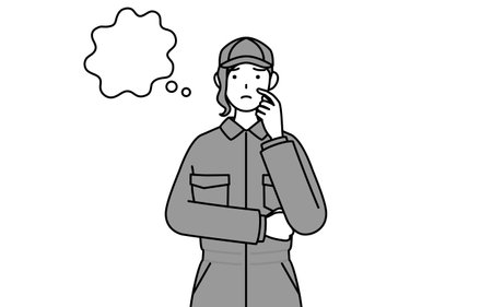 A mechanic woman in coveralls thinking while scratching her face, Vector Illustrationのイラスト素材