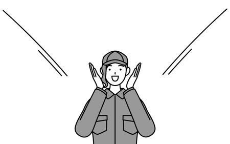 A mechanic woman in coveralls calling out with her hand over her mouth, Vector Illustrationのイラスト素材