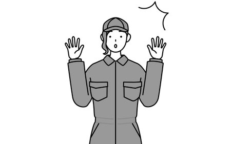 A mechanic woman in coveralls raising her hand in surprise, Vector Illustrationのイラスト素材