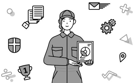 Image of DX, A mechanic woman in coveralls using digital technology to improve her business, Vector Illustrationのイラスト素材