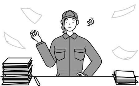 A mechanic woman in coveralls who is fed up with her unorganized business, Vector Illustrationのイラスト素材