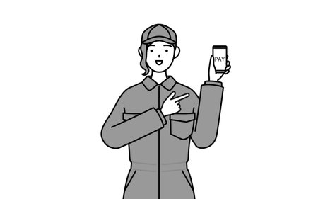 A mechanic woman in coveralls recommending cashless online payments on a smartphone, Vector Illustrationのイラスト素材