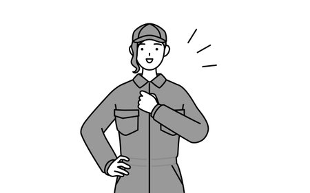 A mechanic woman in coveralls tapping her chest, Vector Illustrationのイラスト素材
