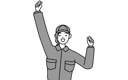 A mechanic woman in coveralls jumping with light-hearted delight, Vector Illustrationのイラスト素材