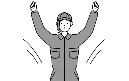 A mechanic woman in coveralls doing radio calisthenics, preparation for accident prevention, Vector Illustrationのイラスト素材