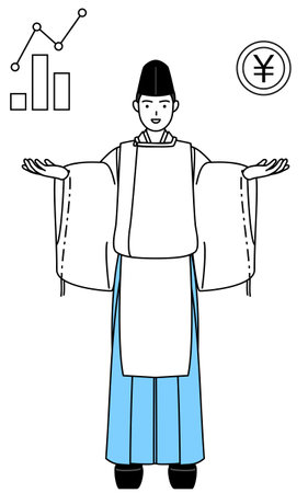 Priest of the shrine, wearing a Eboshi and Kariginu, guiding an image of DX, performance and sales improvement, Vector Illustrationのイラスト素材