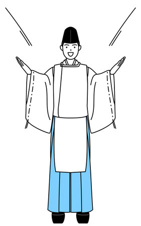 Priest of the shrine, wearing a Eboshi and Kariginu, calling out with his hand over his mouth, Vector Illustrationのイラスト素材