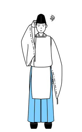 Priest of the shrine, wearing a Eboshi and Kariginu, scratching his head in distress, Vector Illustrationのイラスト素材