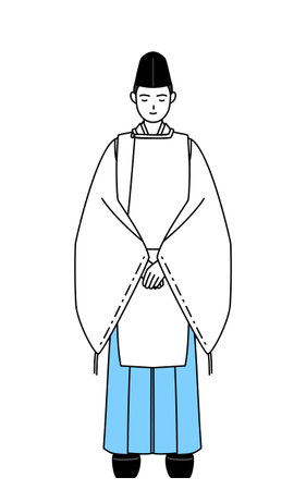 Priest of the shrine, wearing a Eboshi and Kariginu, with hands on top of each other in front of their bodies, Vector Illustrationのイラスト素材