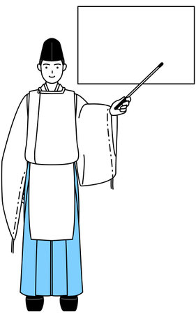 Priest of the shrine, wearing a Eboshi and Kariginu, pointing at a whiteboard with an indicator stick, Vector Illustrationのイラスト素材