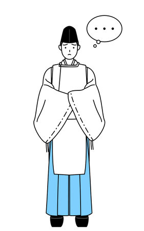Priest of the shrine, wearing a Eboshi and Kariginu, with crossed arms, deep in thought, Vector Illustrationのイラスト素材