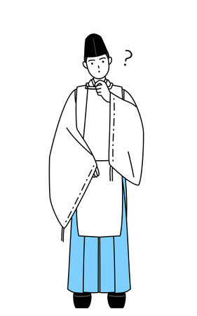 Priest of the shrine, wearing a Eboshi and Kariginu, nodding his head in question, Vector Illustrationのイラスト素材