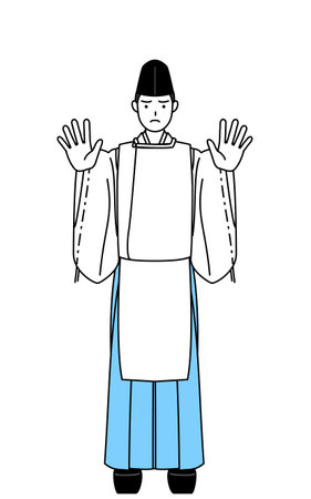 Priest of the shrine, wearing a Eboshi and Kariginu, with his hands out in front of his body, signaling a stop, Vector Illustrationのイラスト素材