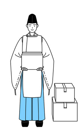 Priest of the shrine, wearing a Eboshi and Kariginu, working to carry cardboard boxes, Vector Illustrationのイラスト素材