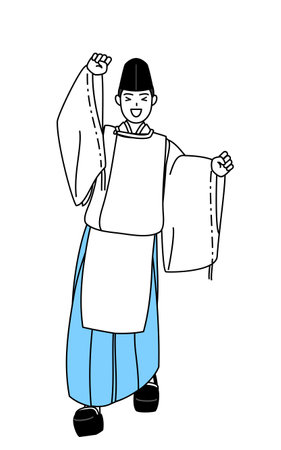 Priest of the shrine, wearing a Eboshi and Kariginu, jumping with light-hearted delight, Vector Illustrationのイラスト素材