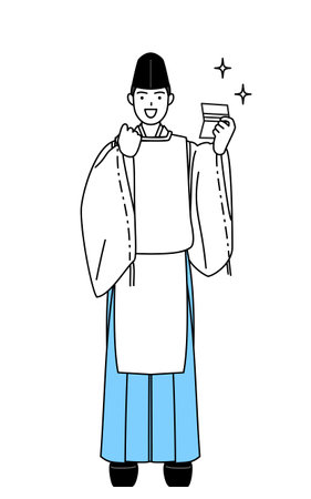 Priest of the shrine, wearing a Eboshi and Kariginu, who is pleased to see a bankbook, Vector Illustrationのイラスト素材