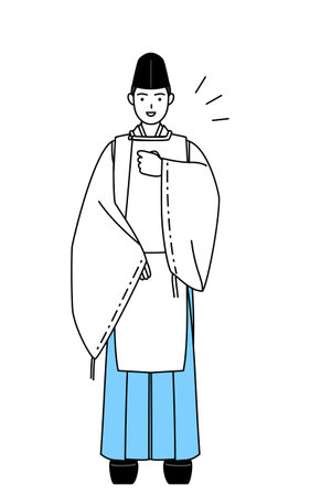 Priest of the shrine, wearing a Eboshi and Kariginu, tapping his chest, Vector Illustrationのイラスト素材