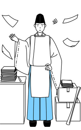 Priest of the shrine, wearing a Eboshi and Kariginu, who is fed up with his unorganized business, Vector Illustrationのイラスト素材
