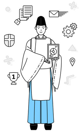 Image of DX, Priest of the shrine, wearing a Eboshi and Kariginu, using digital technology to improve his business, Vector Illustrationのイラスト素材