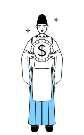 Priest of the shrine, wearing a Eboshi and Kariginu, with images of foreign exchange gains and dollar appreciation, Vector Illustrationのイラスト素材