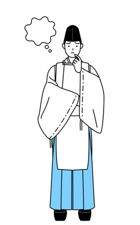 Priest of the shrine, wearing a Eboshi and Kariginu, thinking while scratching his face, Vector Illustrationのイラスト素材