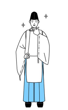 Priest of the shrine, wearing a Eboshi and Kariginu, in a confident pose, Vector Illustrationのイラスト素材