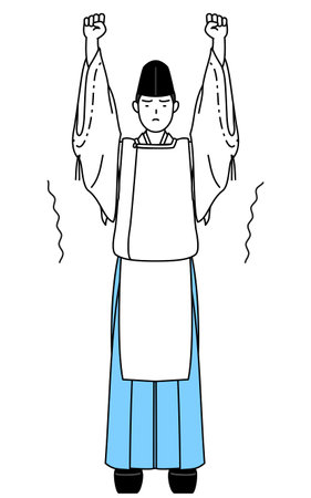 Priest of the shrine, wearing a Eboshi and Kariginu, stretching and standing tall, Vector Illustrationのイラスト素材