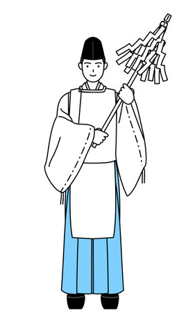Priest of the shrine, wearing a Eboshi and Kariginu, praying, Vector Illustrationのイラスト素材
