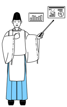Priest of the shrine, wearing a Eboshi and Kariginu, analyzing a performance graph, Vector Illustrationのイラスト素材