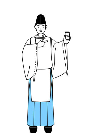 Priest of the shrine, wearing a Eboshi and Kariginu, recommending cashless online payments on a smartphone, Vector Illustrationのイラスト素材