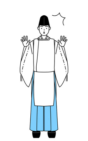 Priest of the shrine, wearing a Eboshi and Kariginu, raising his hand in surprise, Vector Illustrationのイラスト素材
