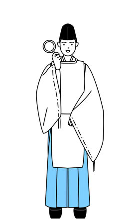 Priest of the shrine, wearing a Eboshi and Kariginu, holding a magnifying glass and placing his hand on his hip, Vector Illustrationのイラスト素材