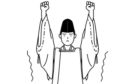 Priest of the shrine, wearing a Eboshi and Kariginu, stretching and standing tall, Vector Illustrationのイラスト素材