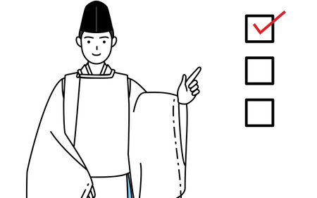 Priest of the shrine, wearing a Eboshi and Kariginu, pointing to a checklist, Vector Illustrationのイラスト素材