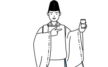 Priest of the shrine, wearing a Eboshi and Kariginu, recommending cashless online payments on a smartphone, Vector Illustrationのイラスト素材