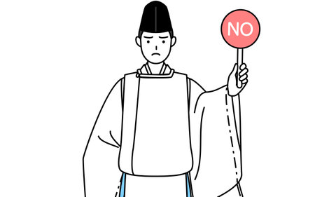 Priest of the shrine, wearing a Eboshi and Kariginu, holding a placard with an X indicating incorrect answer, Vector Illustrationのイラスト素材