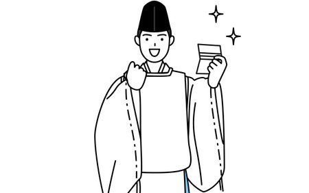 Priest of the shrine, wearing a Eboshi and Kariginu, who is pleased to see a bankbook, Vector Illustrationのイラスト素材
