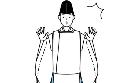 Priest of the shrine, wearing a Eboshi and Kariginu, raising his hand in surprise, Vector Illustrationのイラスト素材