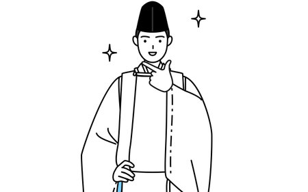 Priest of the shrine, wearing a Eboshi and Kariginu, in a confident pose, Vector Illustrationのイラスト素材