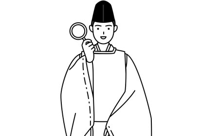 Priest of the shrine, wearing a Eboshi and Kariginu, holding a magnifying glass and placing his hand on his hip, Vector Illustrationのイラスト素材