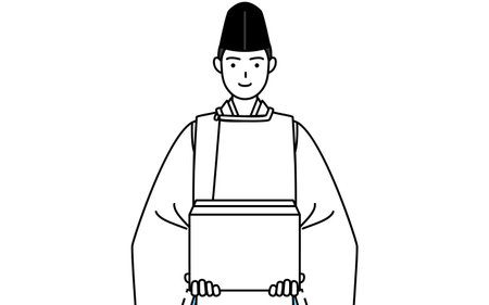 Priest of the shrine, wearing a Eboshi and Kariginu, working to carry cardboard boxes, Vector Illustrationのイラスト素材