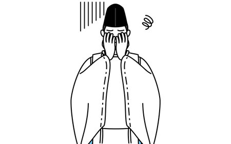 Priest of the shrine, wearing a Eboshi and Kariginu, covering his face in depression, Vector Illustrationのイラスト素材