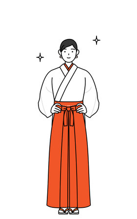 Shrine Maiden Of The Shrine, wearing White kosode and Red Hakama, with her hands on her hips, Vector Illustrationのイラスト素材