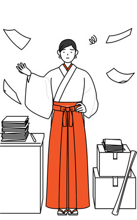 Shrine Maiden Of The Shrine, wearing White kosode and Red Hakama, who is fed up with her unorganized business, Vector Illustrationのイラスト素材
