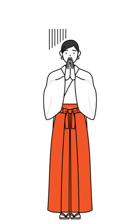 Shrine Maiden Of The Shrine, wearing White kosode and Red Hakama, apologizing with her hands in front of her body, Vector Illustrationのイラスト素材