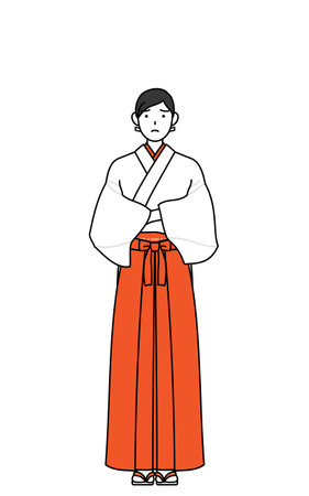 Shrine Maiden Of The Shrine, wearing White kosode and Red Hakama, with crossed arms, deep in thought, Vector Illustrationのイラスト素材