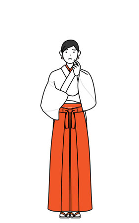 Shrine Maiden Of The Shrine, wearing White kosode and Red Hakama, thinking while scratching her face, Vector Illustrationのイラスト素材