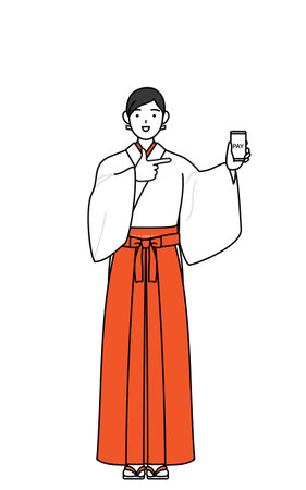 Shrine Maiden Of The Shrine, wearing White kosode and Red Hakama, recommending cashless online payments on a smartphone, Vector Illustrationのイラスト素材